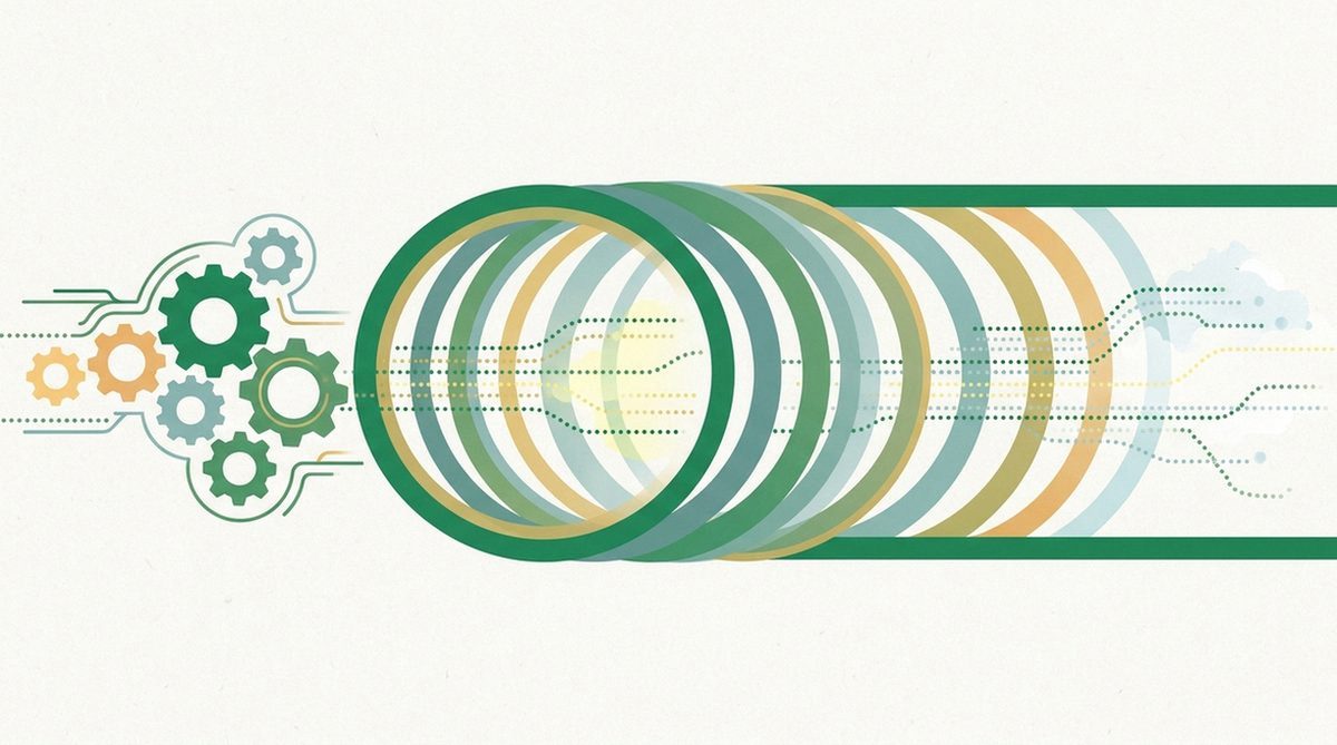 Abstract illustration of turning gears beside a secure tunnel, representing setting up a VPN for safer torrenting.