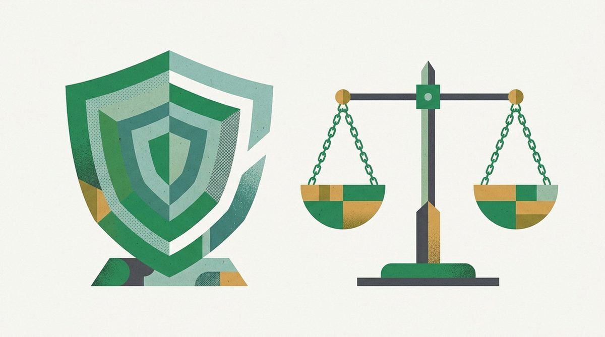 Abstract illustration of a shield with a small gap and a balance scale, representing the honest drawbacks of a torrenting VPN.