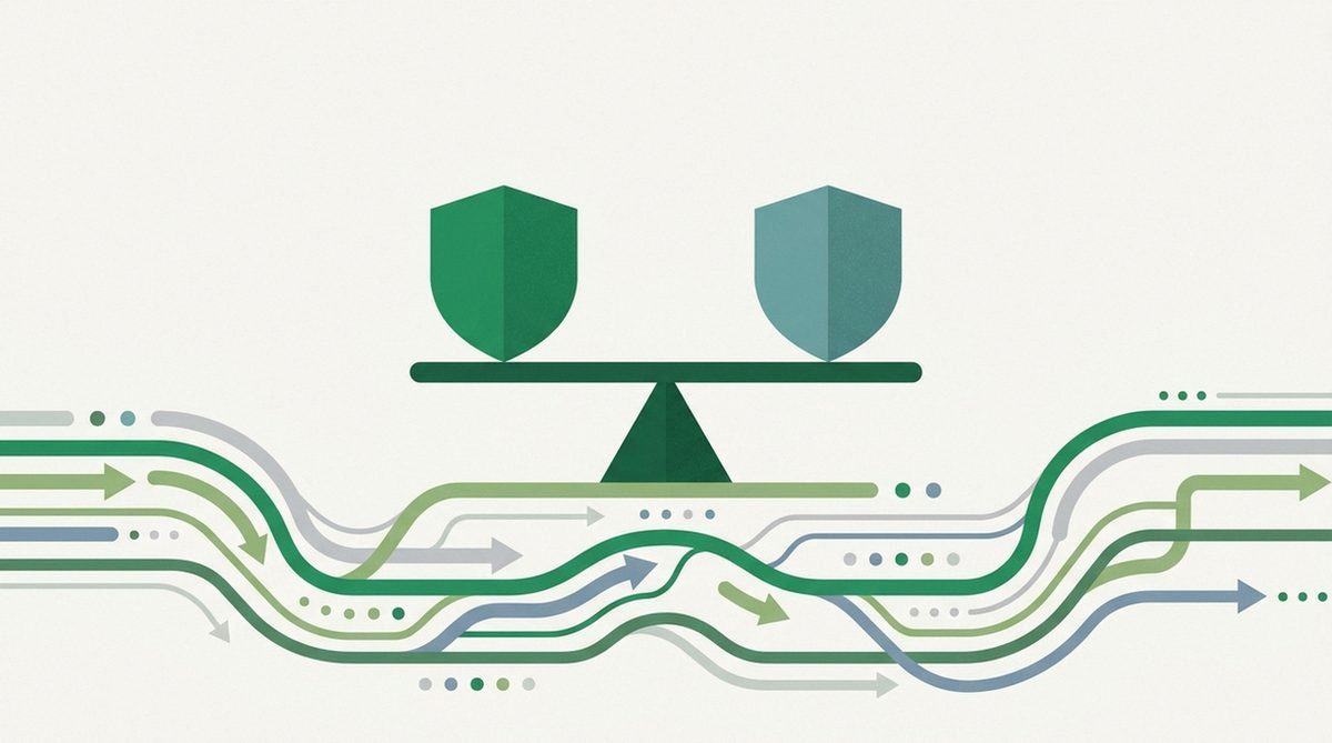 Two shields balanced on a seesaw above flowing data streams