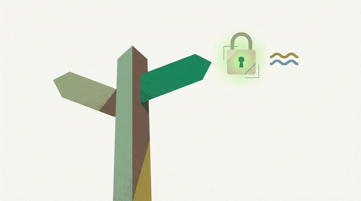 Forked signpost beside a glowing padlock and a wave icon