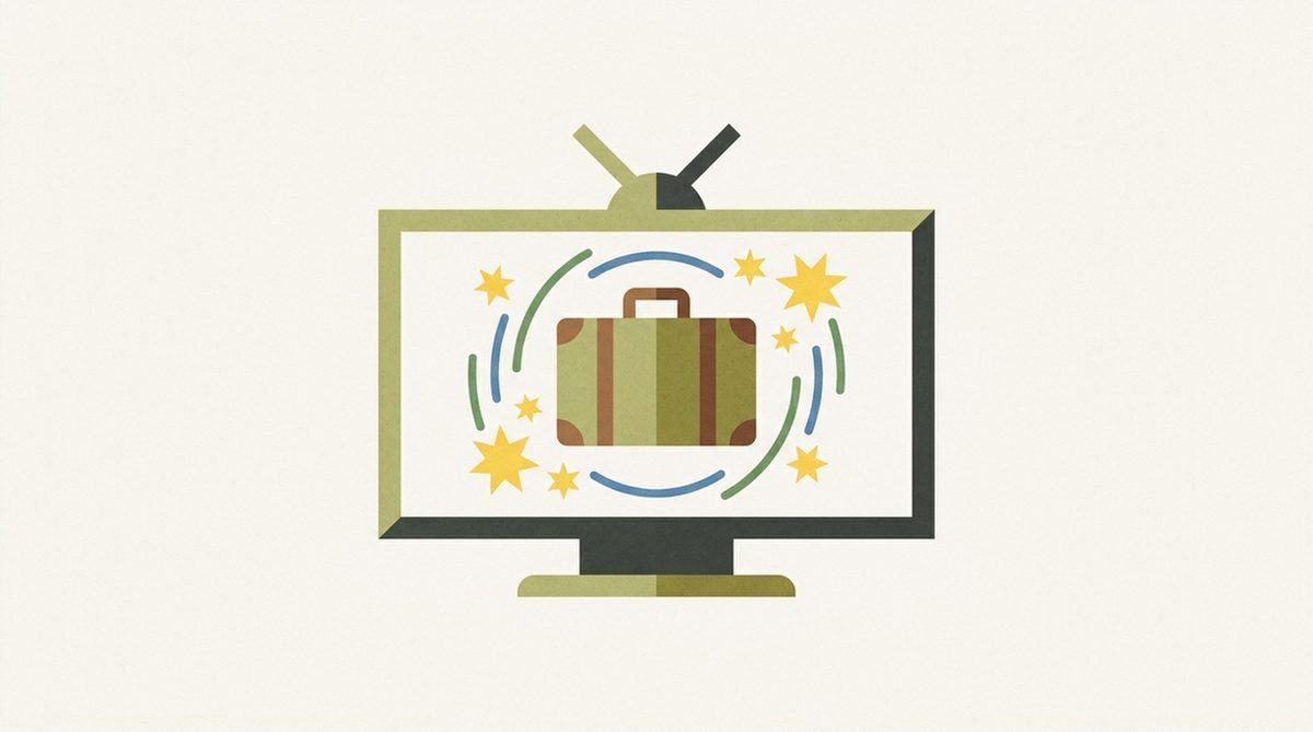 Television screen with EU stars orbiting a travel suitcase