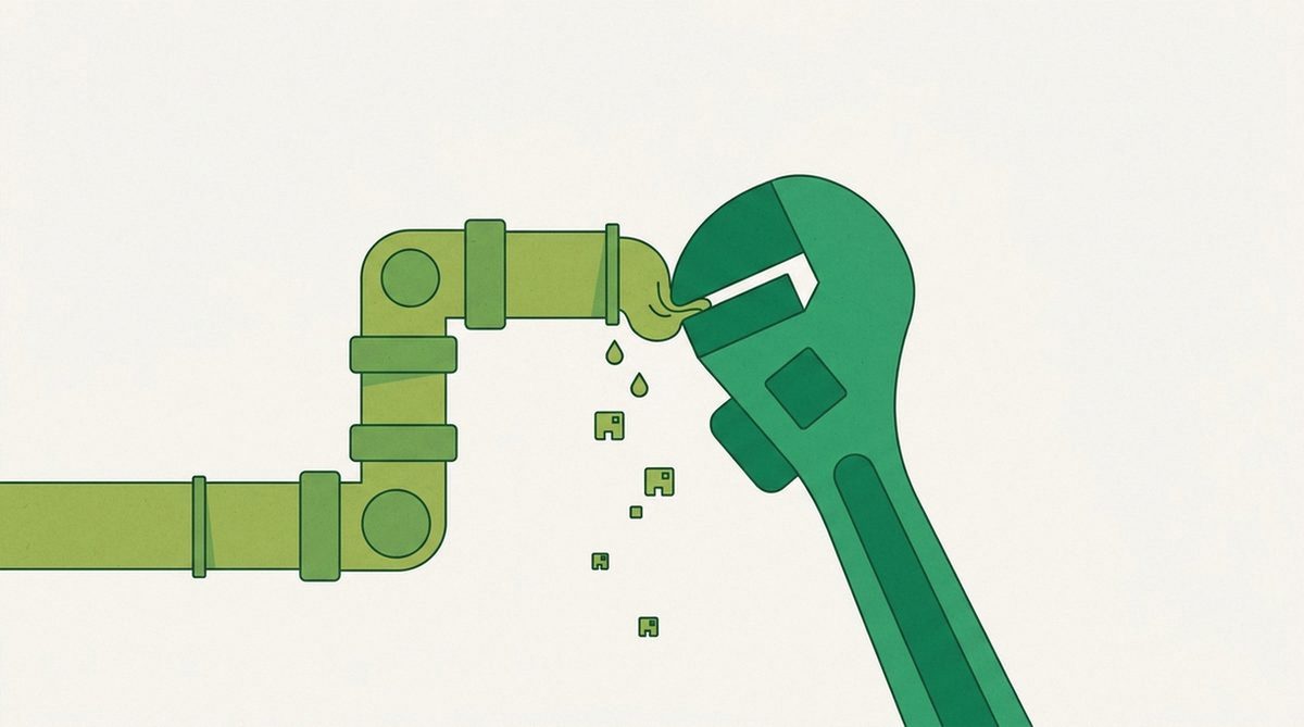 Illustration of a wrench sealing a leaking pipe with small droplets, representing fixing a DNS leak