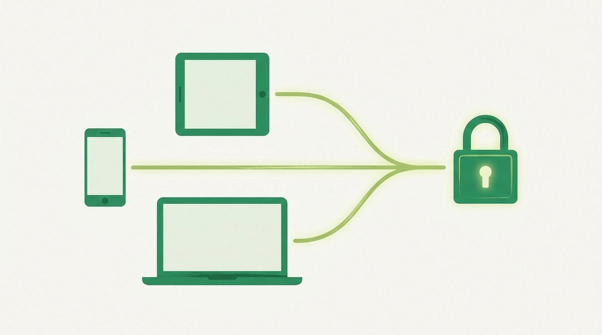 Illustration of three device silhouettes each linked by a glowing line converging into a sealed lock, representing fixes across platforms