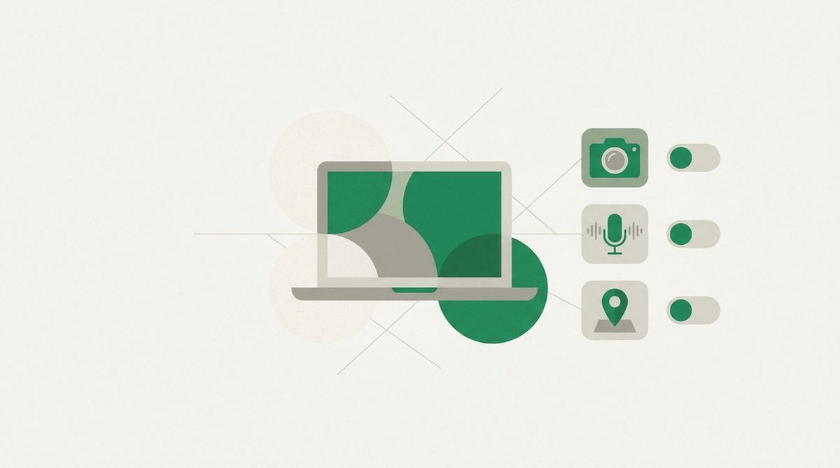 Illustration representing restricting device permissions for location, camera, and microphone access.