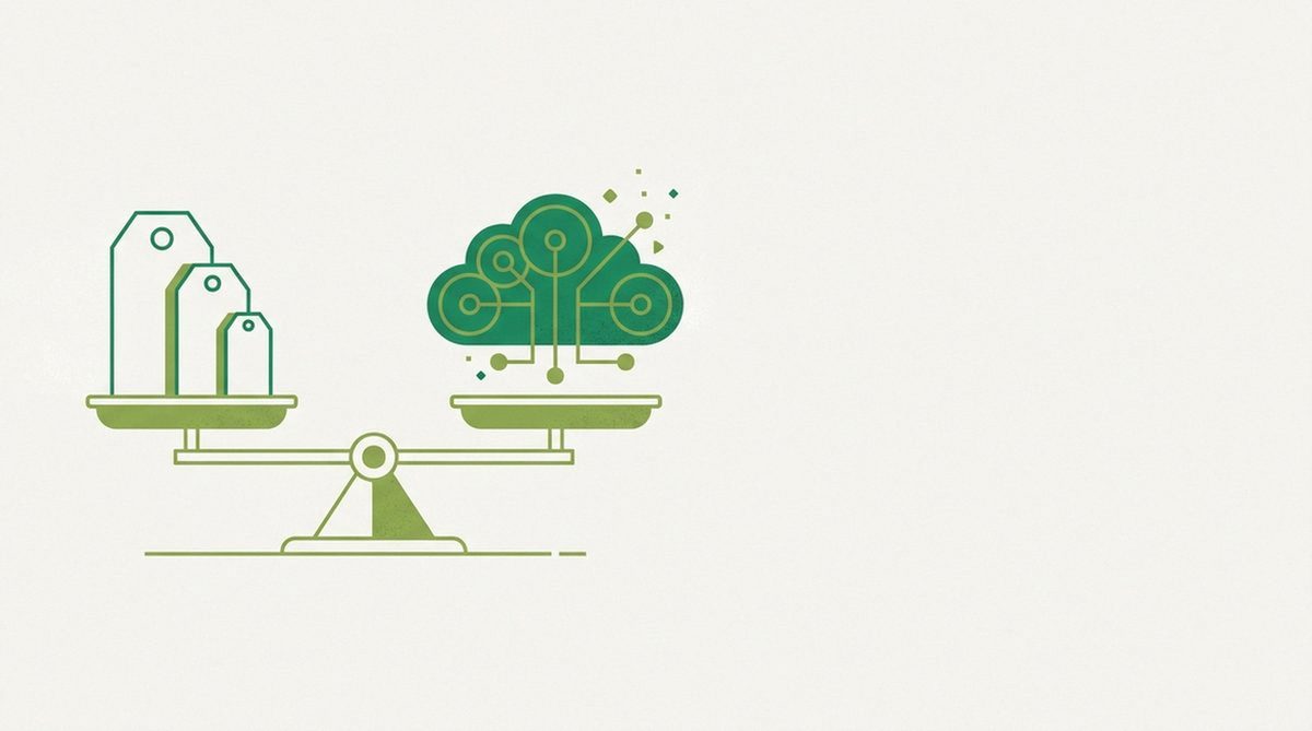 tiered price tags balanced on a scale against a data cloud